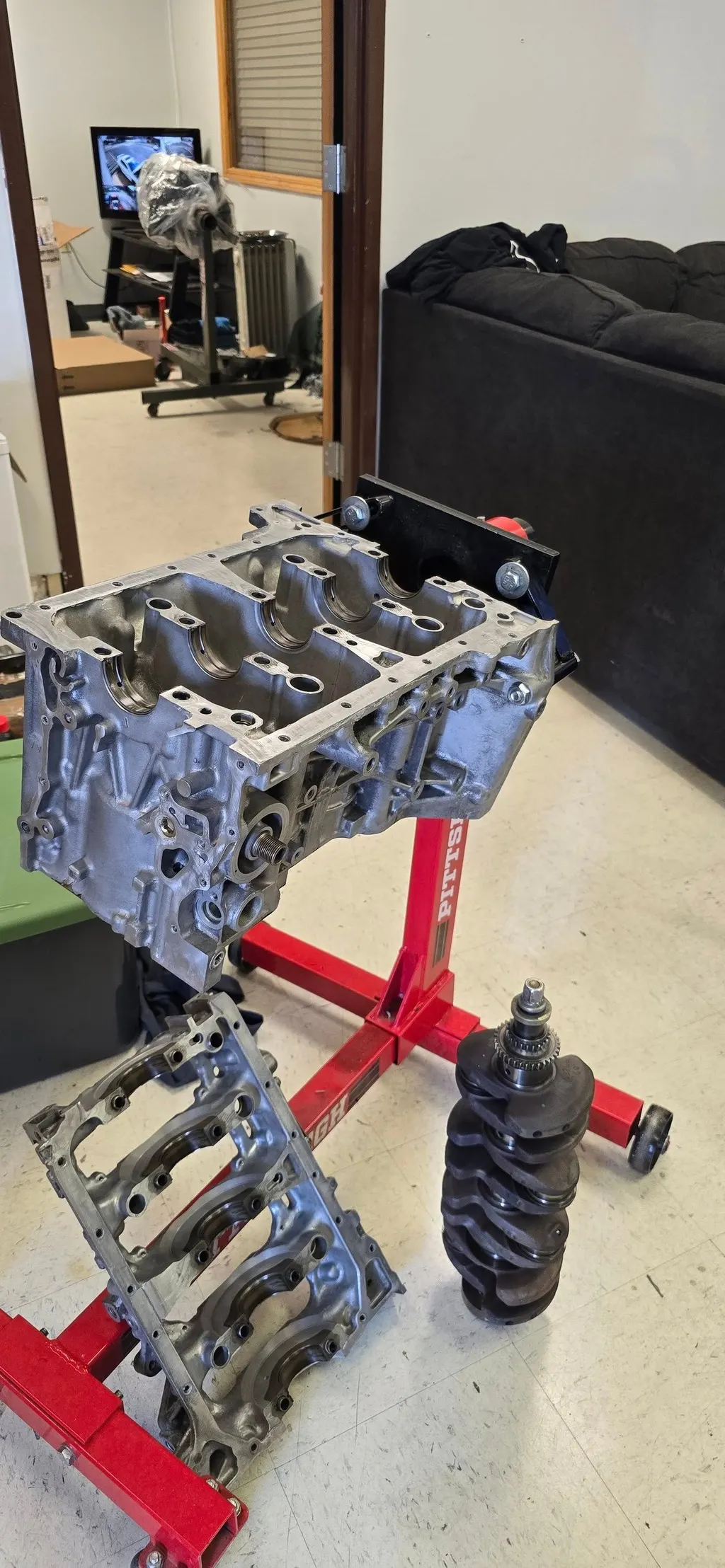 Engine block on a stand during a rebuild